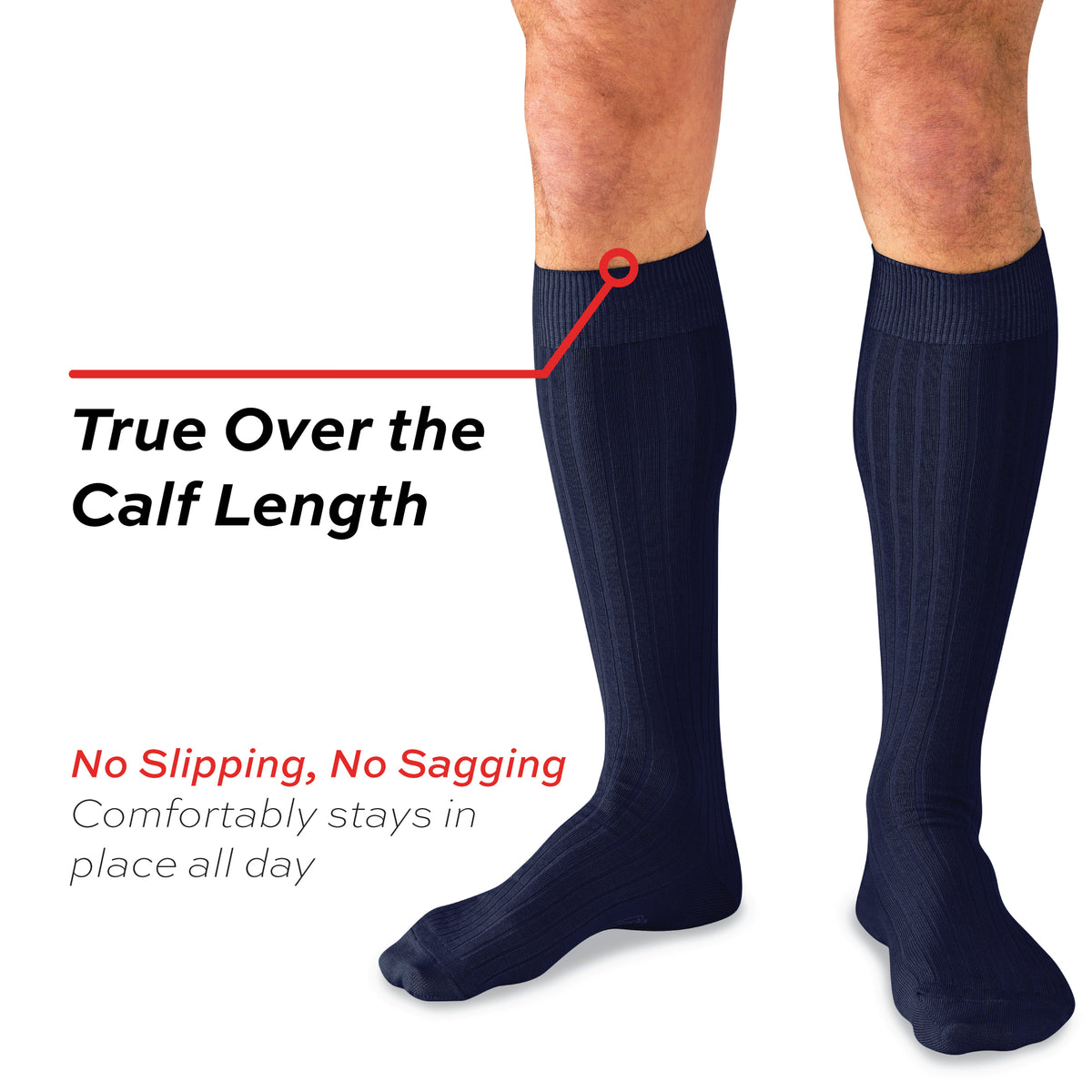 model wearing Navy Cotton Over the Calf Dress Socks with a "true over the calf length" text overlay callout