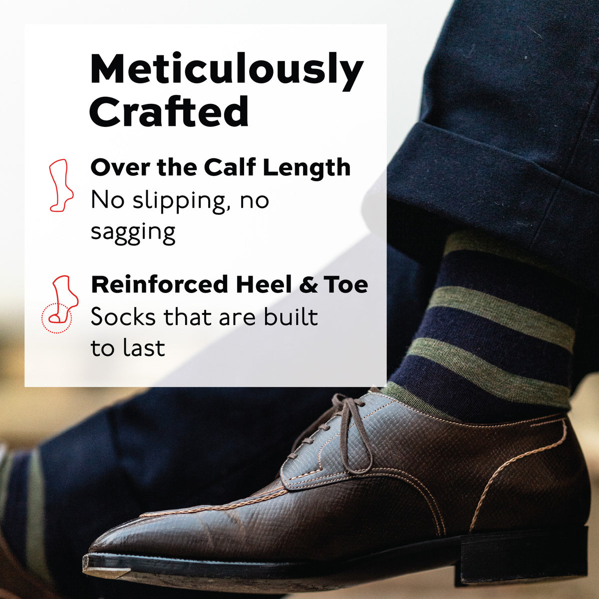 close up image of man wearing Olive Stripes on Navy Merino Wool Over the Calf Dress Socks with a infographic overlay