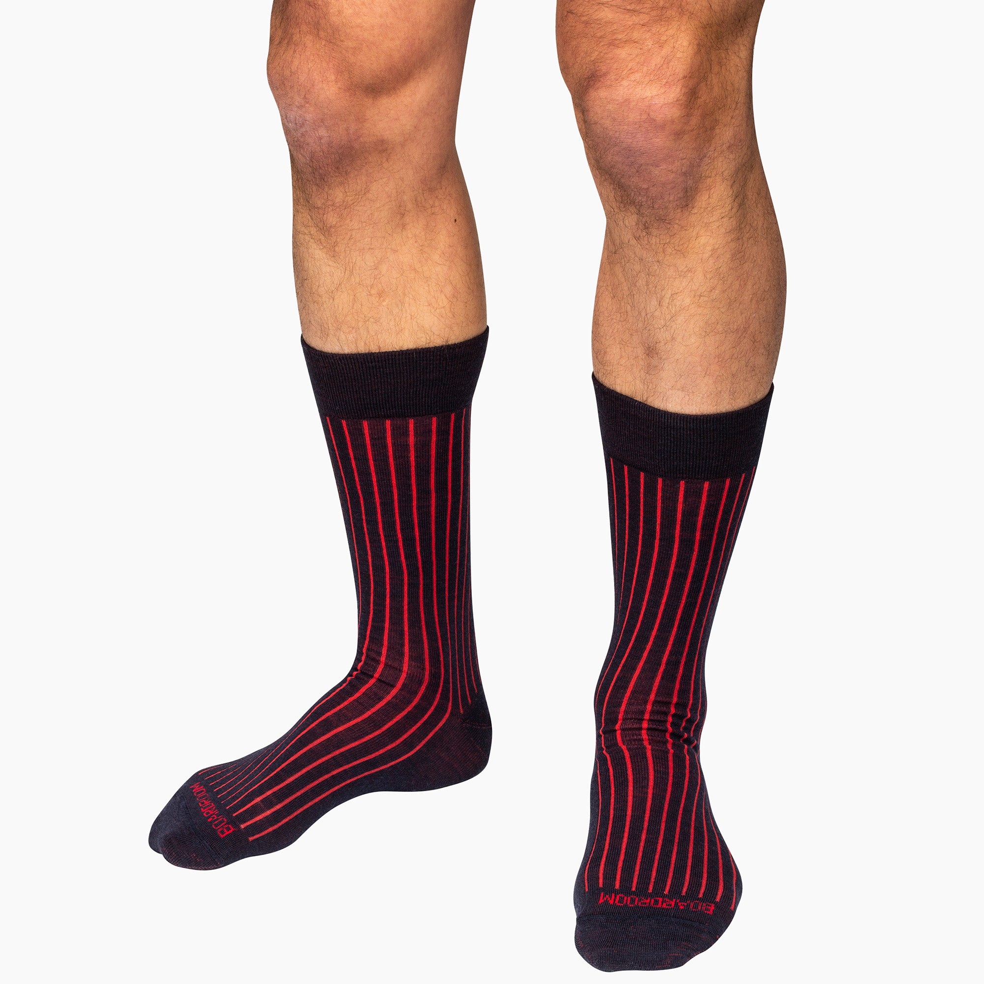 navy and red shadow stripe dress socks on model