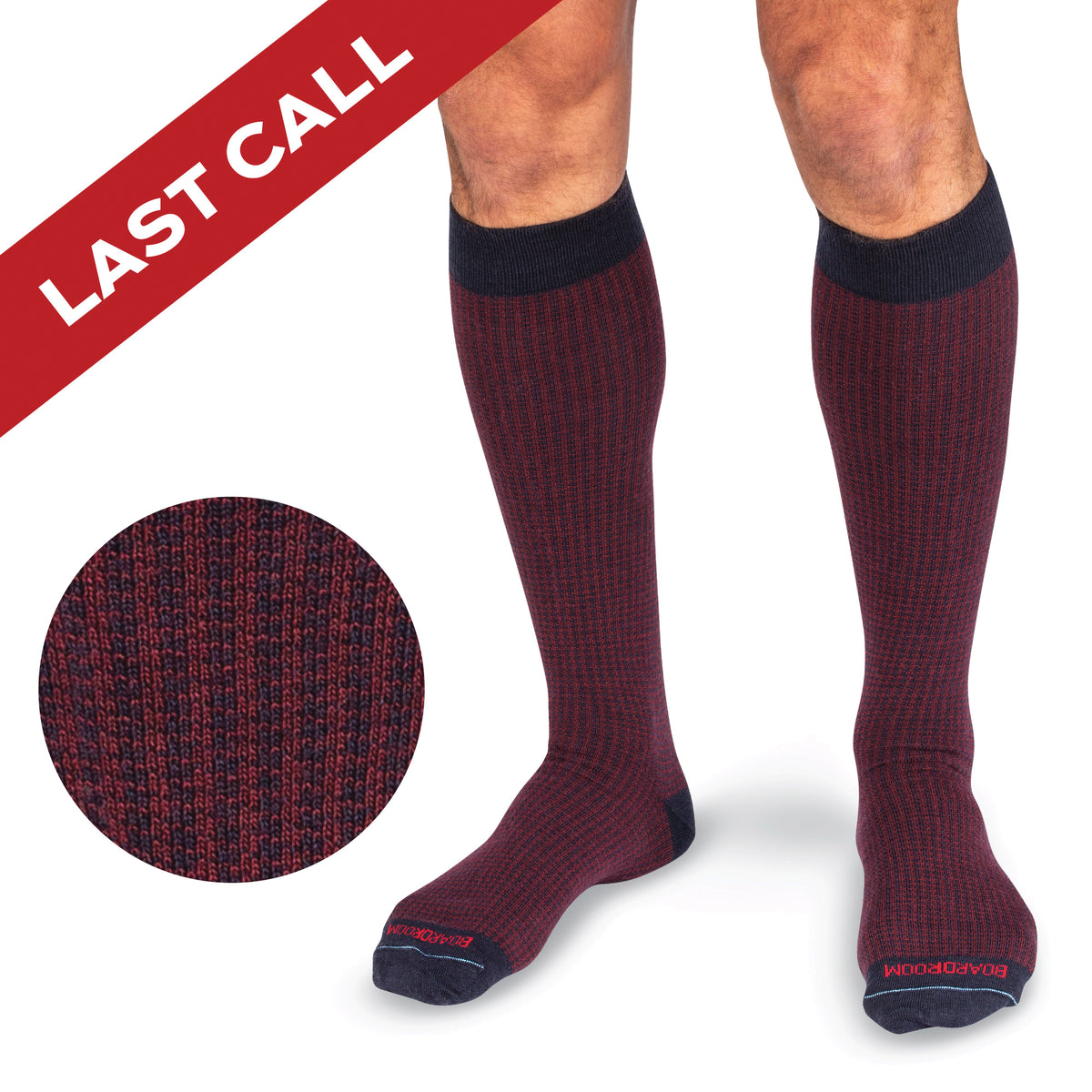 model wearing navy and burgundy houndstooth socks with last call banner overlay