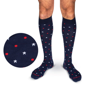 model wearing navy over the calf length americana dress socks