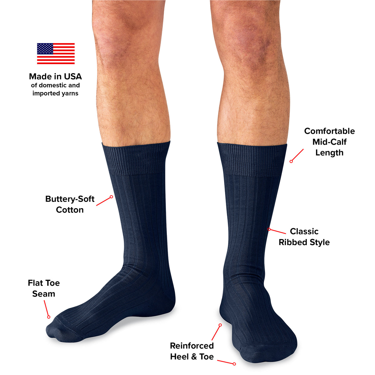 infographic detailing features and benefits of navy cotton dress socks from Boardroom Socks