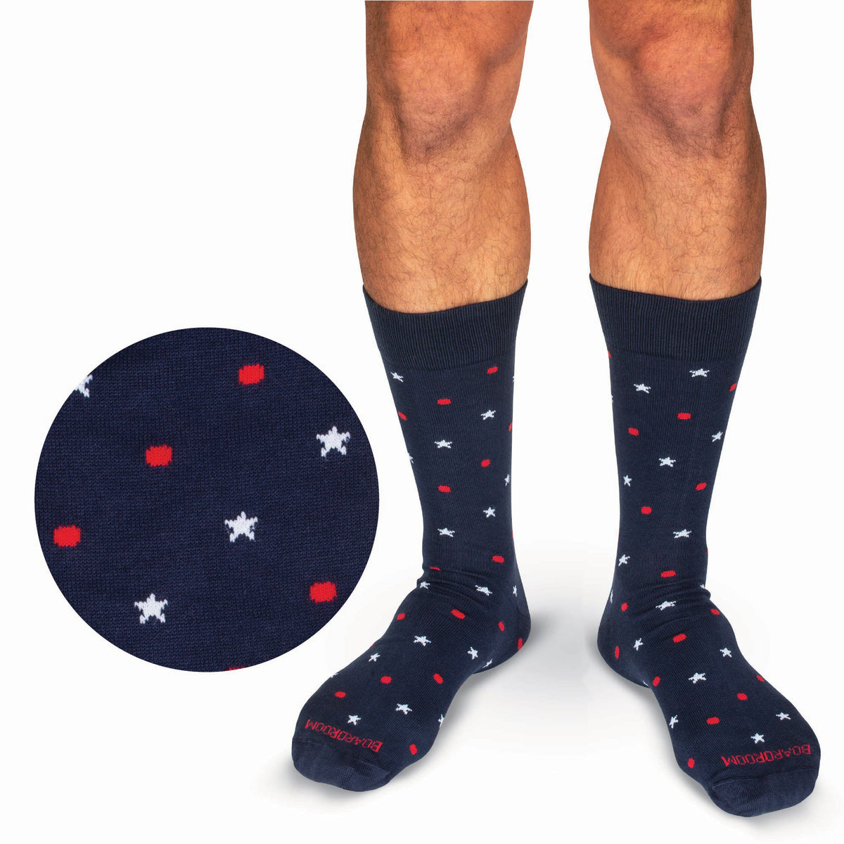 model wearing navy midcalf length americana dress socks
