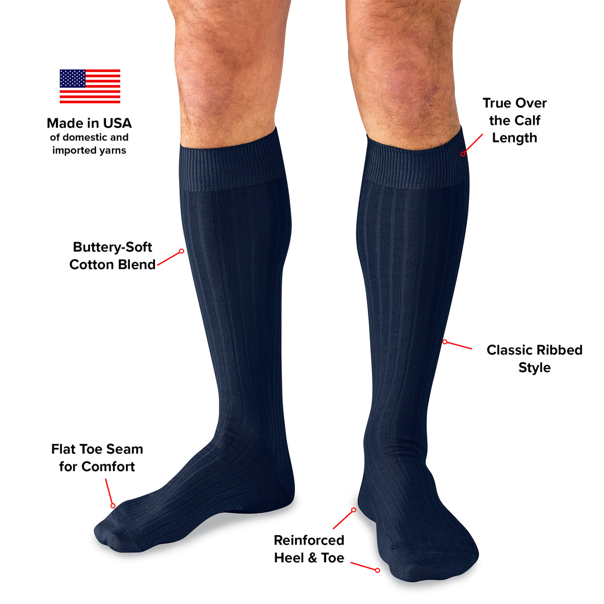 infographic detailing features and benefits of navy cotton over the calf dress socks from Boardroom Socks