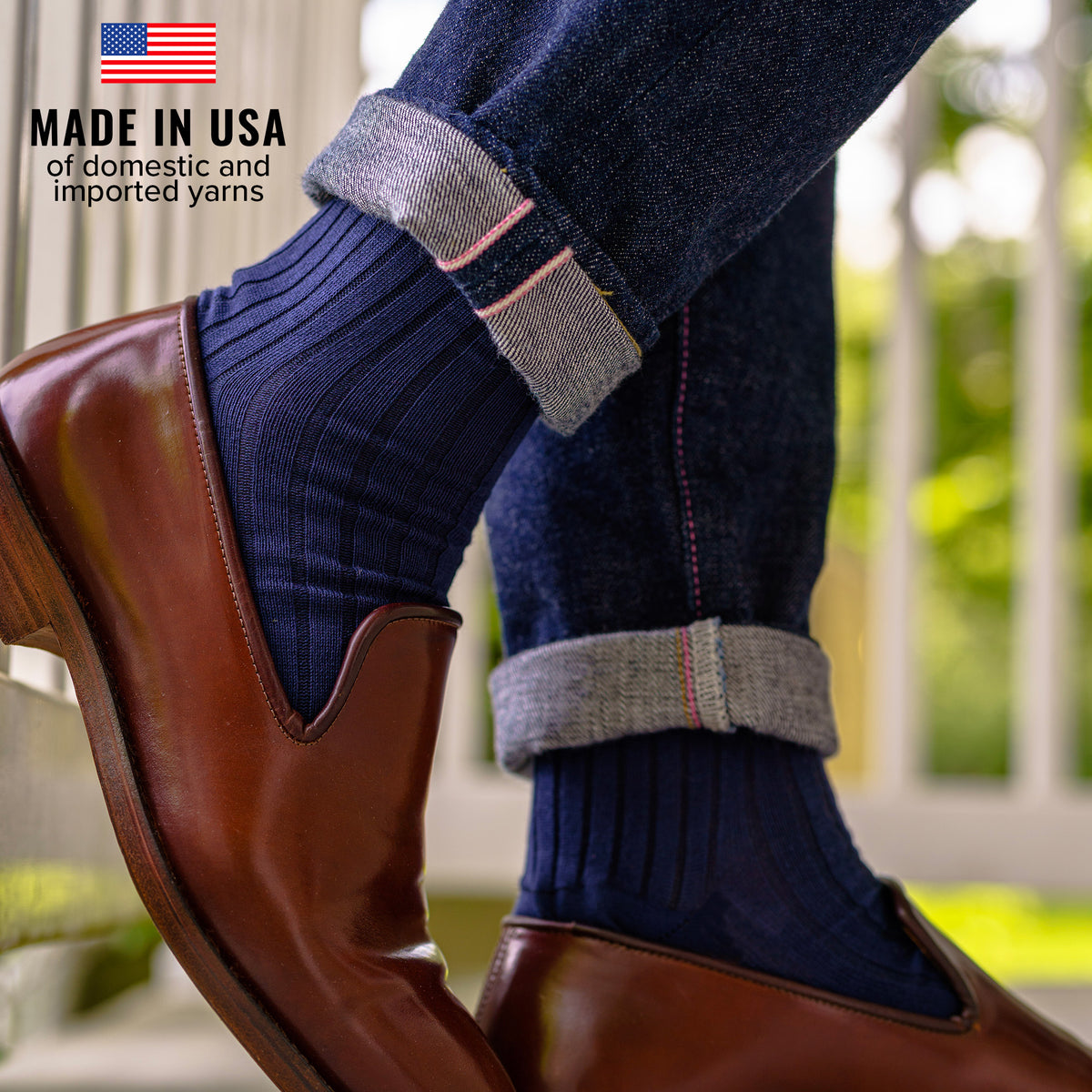 navy cotton dress socks with jeans and brown wholecut loafers