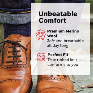 close up image of man wearing navy wool over the calf mens ribbed dress socks with infographic overlay
