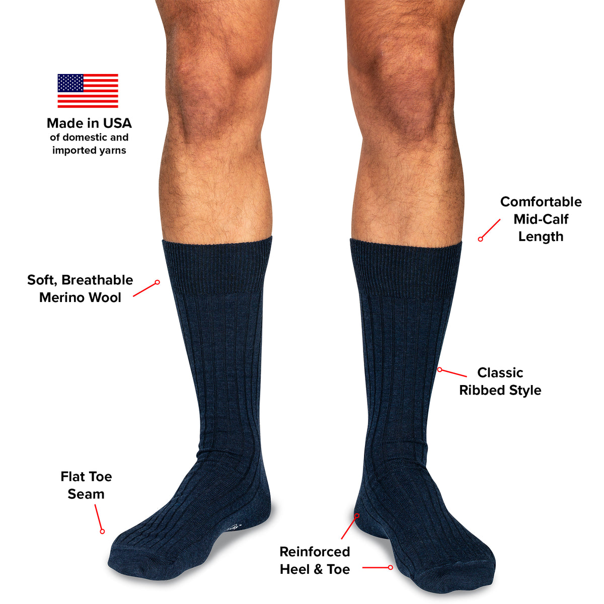 infographic detailing features and benefits of navy merino wool dress socks from Boardroom Socks