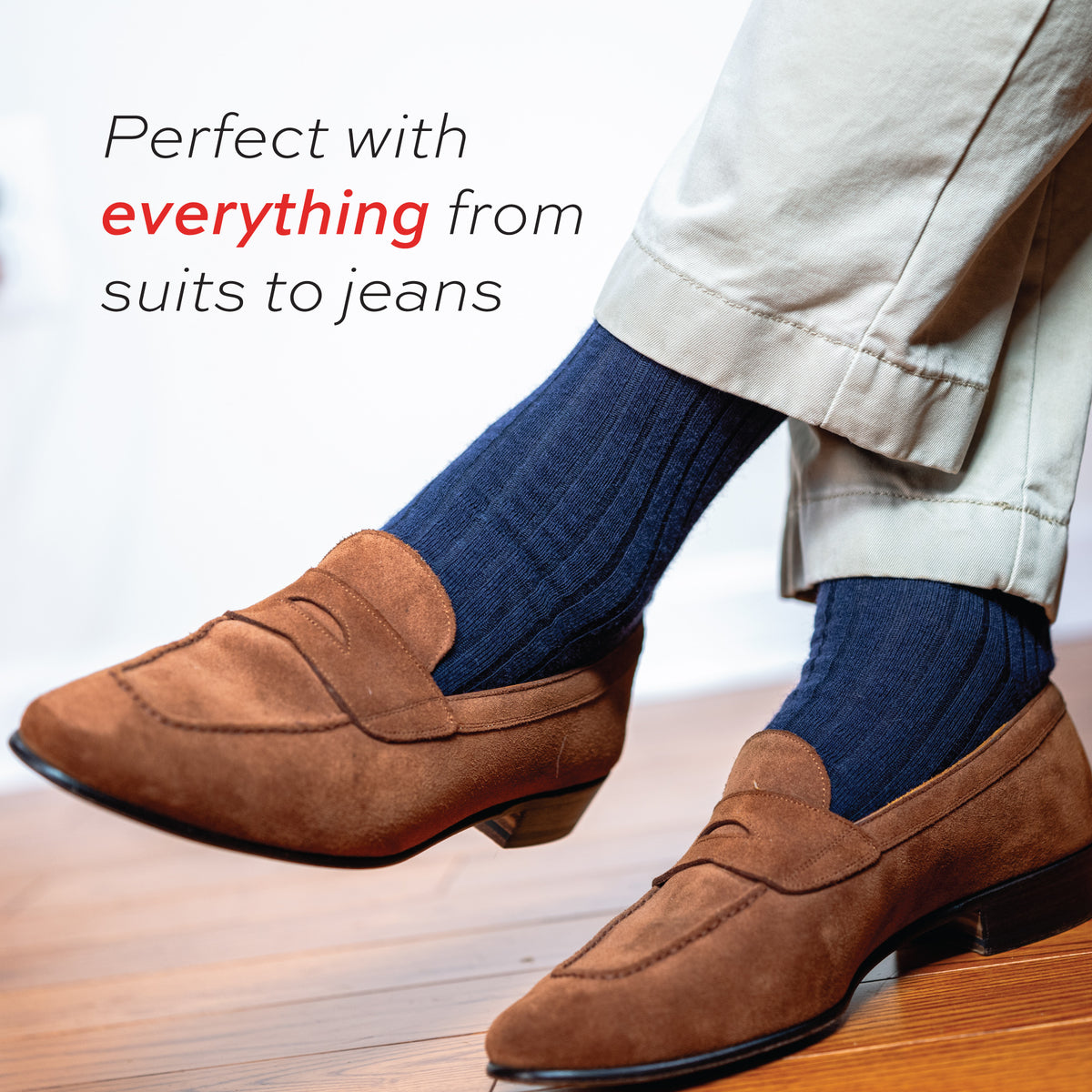 man wearing brown dress shoes and navy wool over the calf mens ribbed dress socks with text overlay