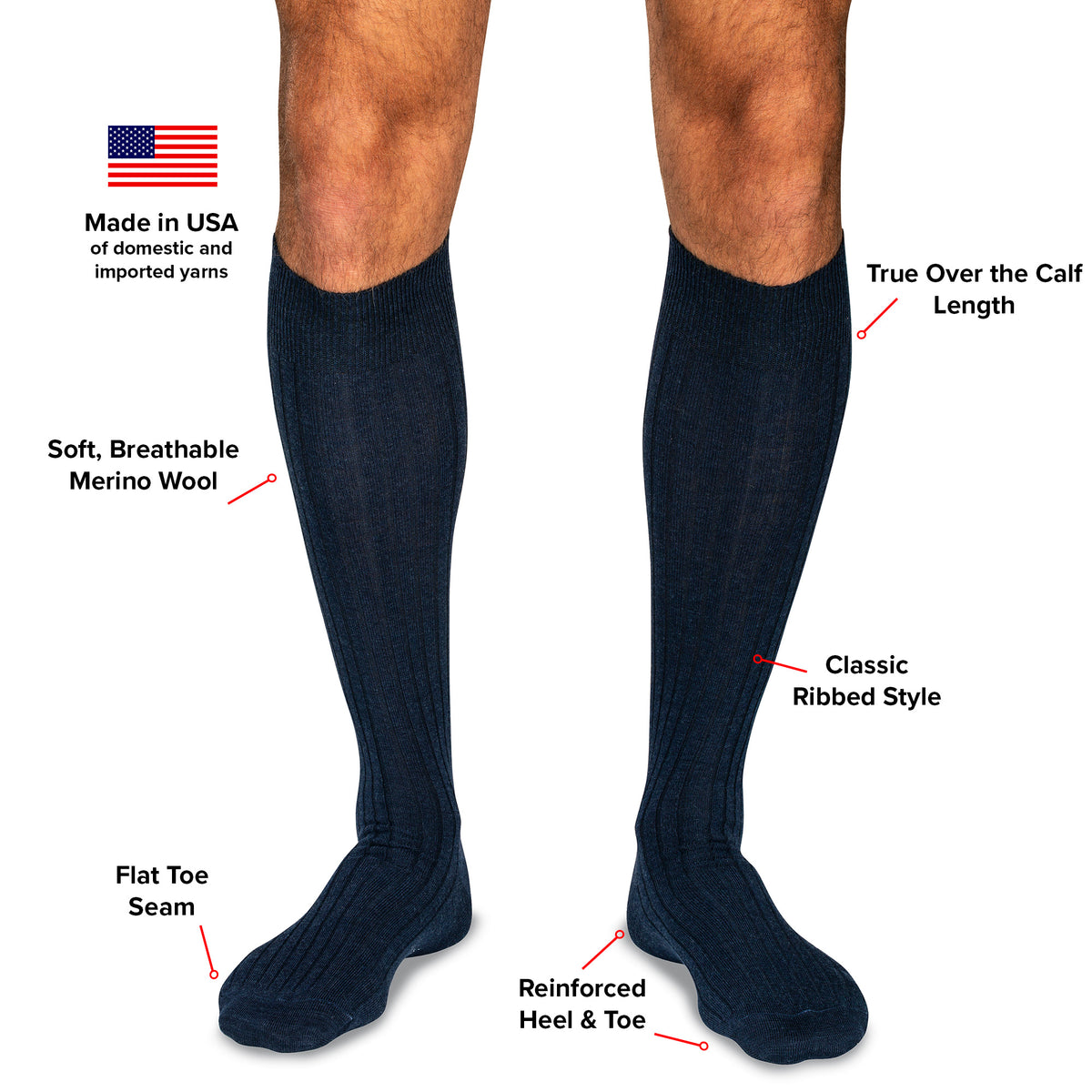 infographic detailing navy merino wool over the calf dress socks from Boardroom Socks