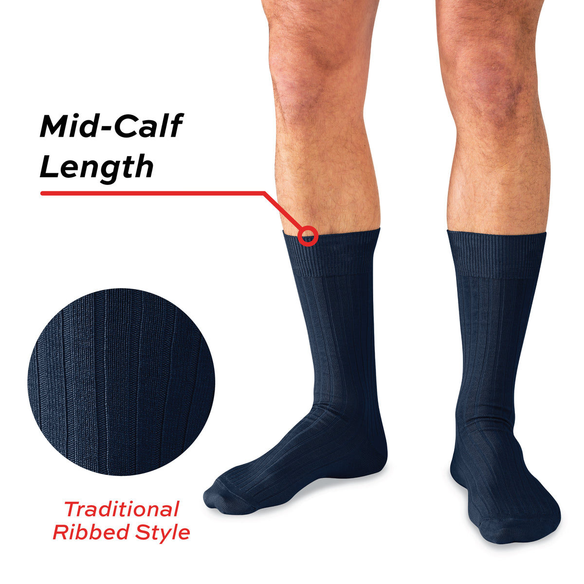 model wearing Navy Cotton Mid Calf Dress Socks on a white background with a length call pout overlay