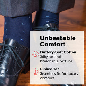 man standing wearing black oxfords and navy geometric pattern over the calf cotton dress socks with comfort infograhpic