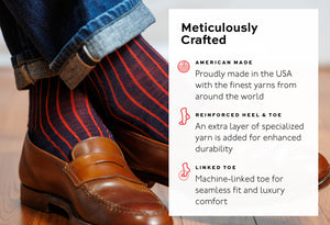 infographic detailing craftsmanship of navy and red shadow stripe dress socks from Boardroom Socks