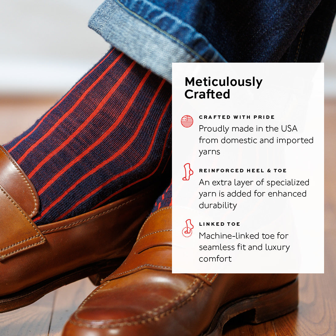infographic detailing features and benefits of navy shadow stripe dress socks from Boardroom Socks