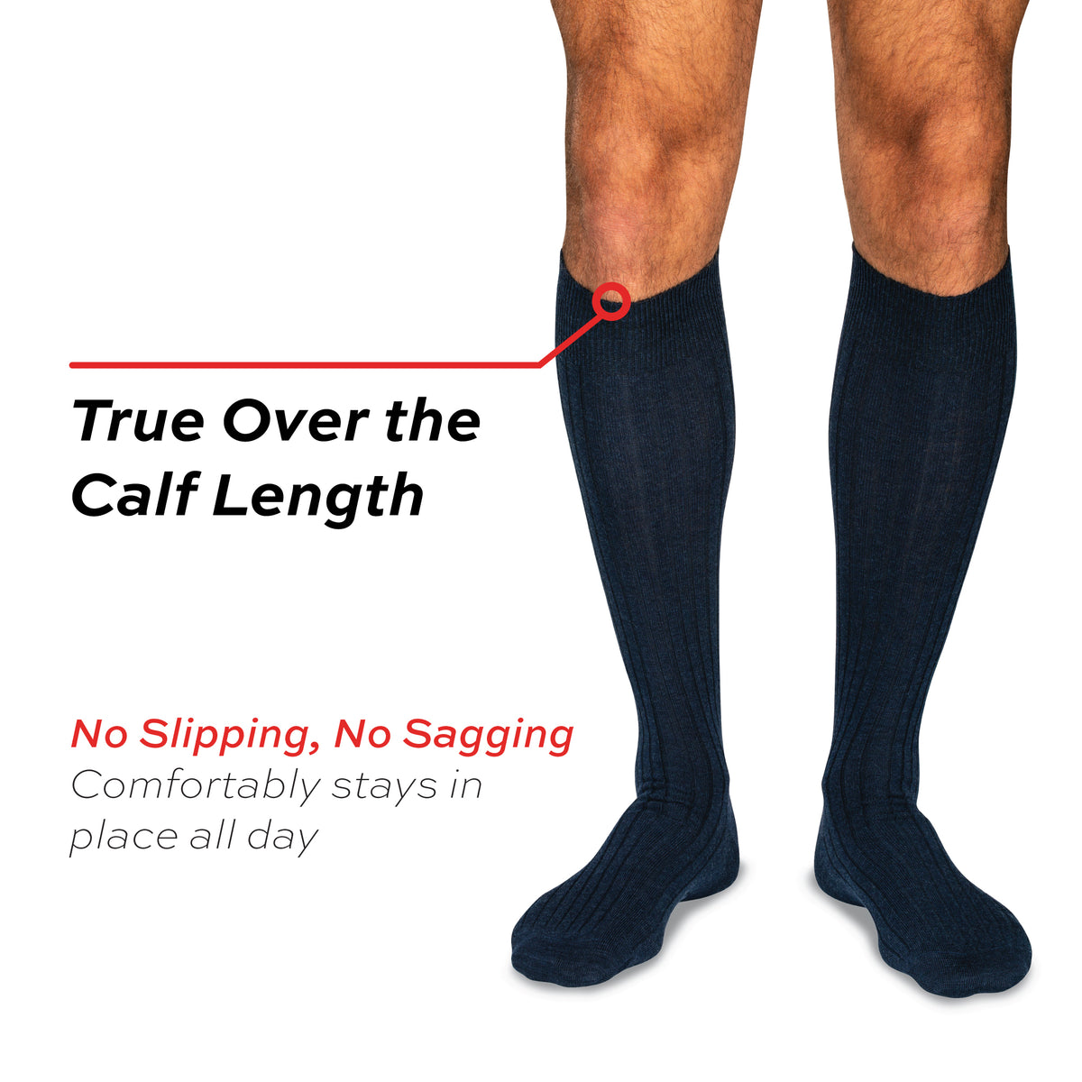 model wearing navy wool over the calf mens ribbed dress socks on white background with call out overlays