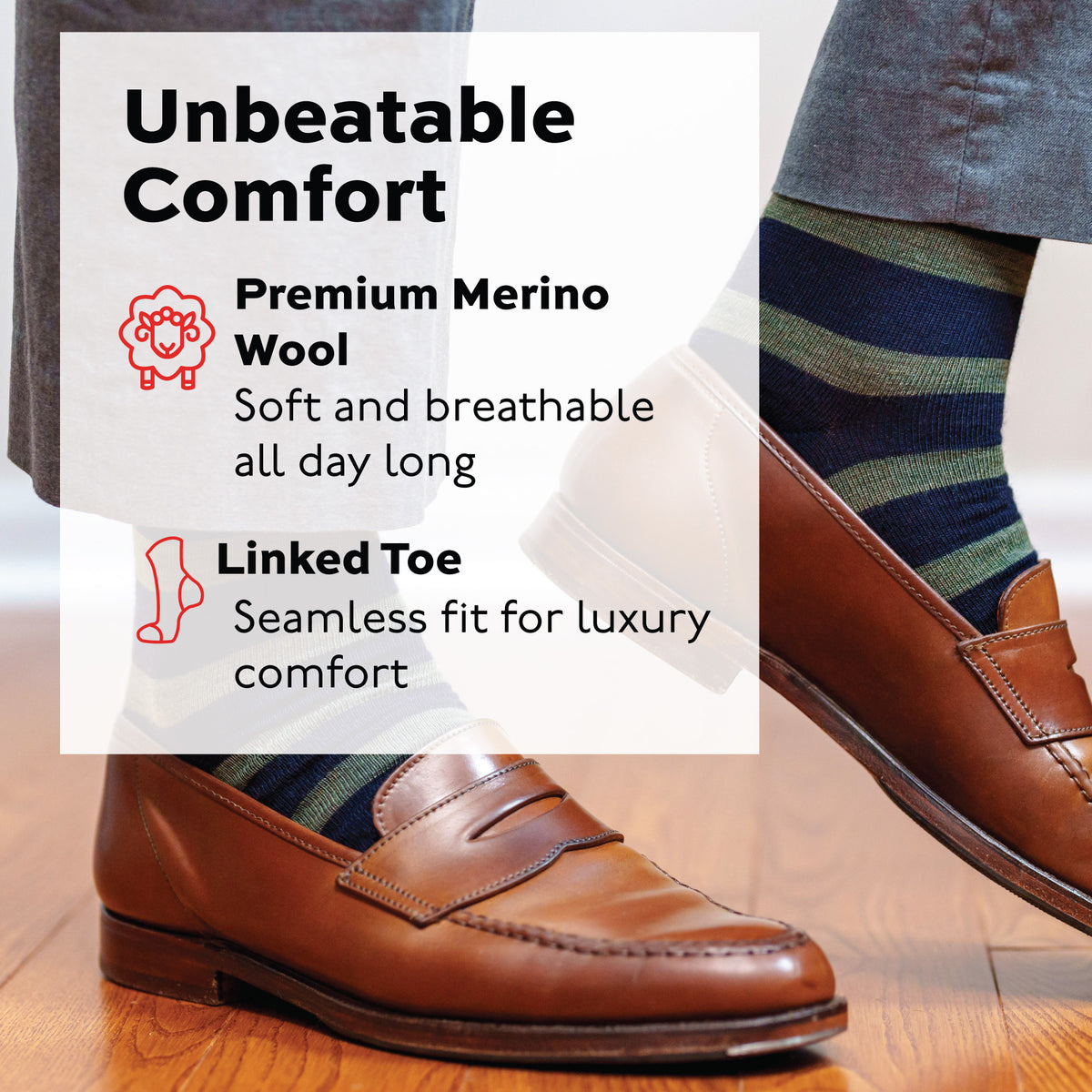 man standing on hardwood floors wearing brown loafers and Olive Stripes on Navy Merino Wool Over the Calf Dress Socks with an infographic overlay