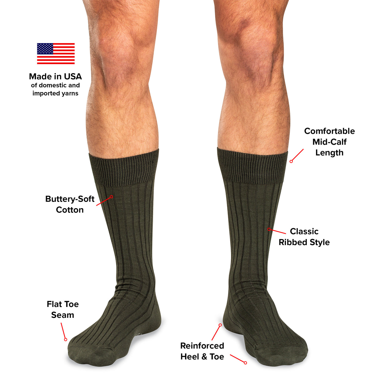 infographic detailing features and benefits of olive cotton dress socks for men