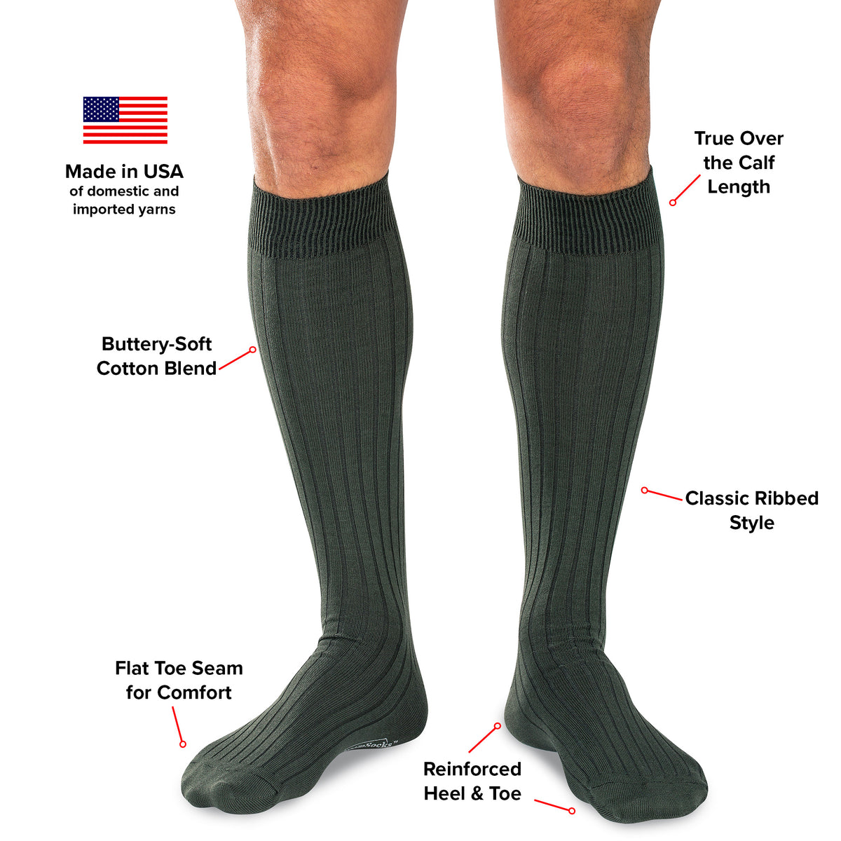 olive green cotton over the calf dress socks infographic detailing features and benefits from Boardroom Socks