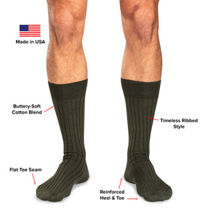 infographic detailing features and benefits of olive green cotton dress socks from Boardroom Socks