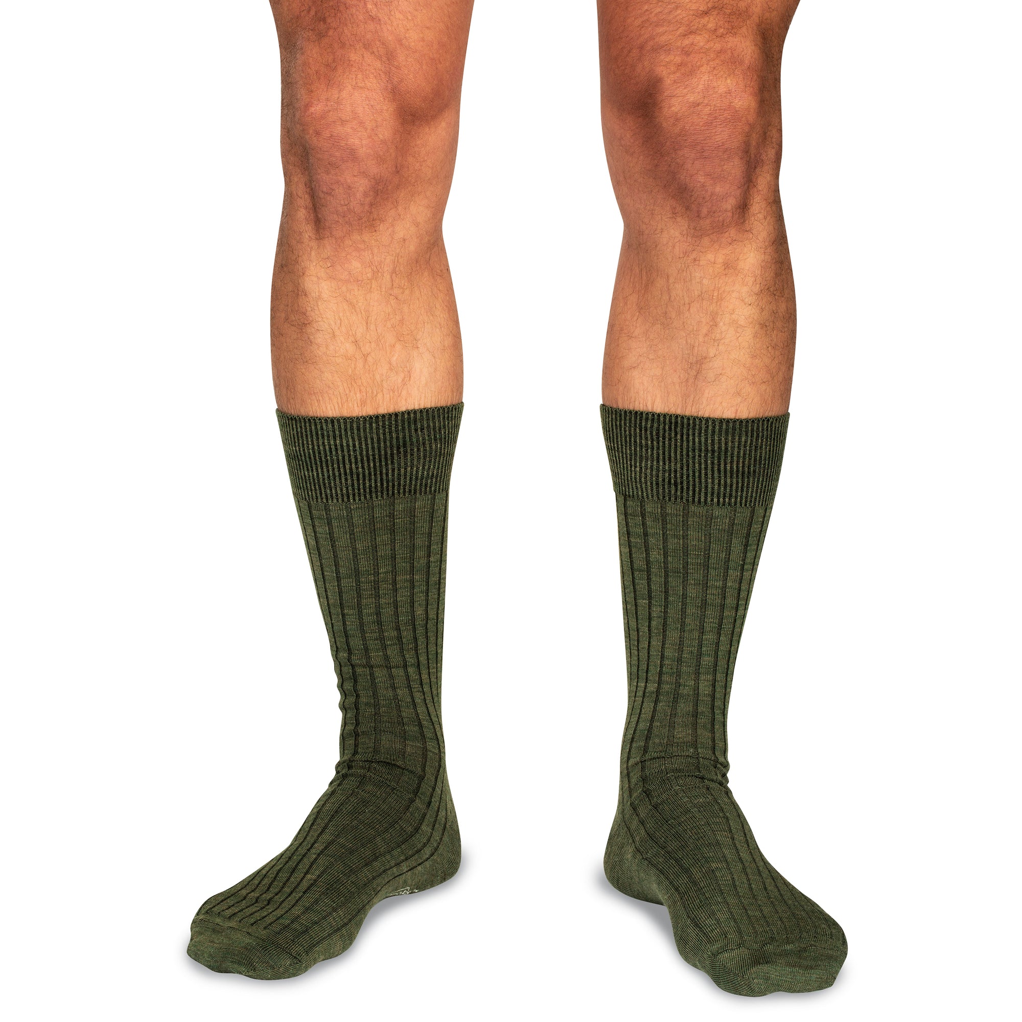 model wearing olive green wool dress socks
