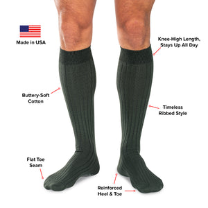 infographic detailing the features and benefits of Boardroom Socks' cotton over the calf dress socks
