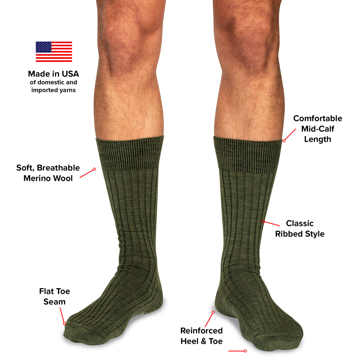 infographic detailing features and benefits of olive merino wool dress socks from Boardroom Socks