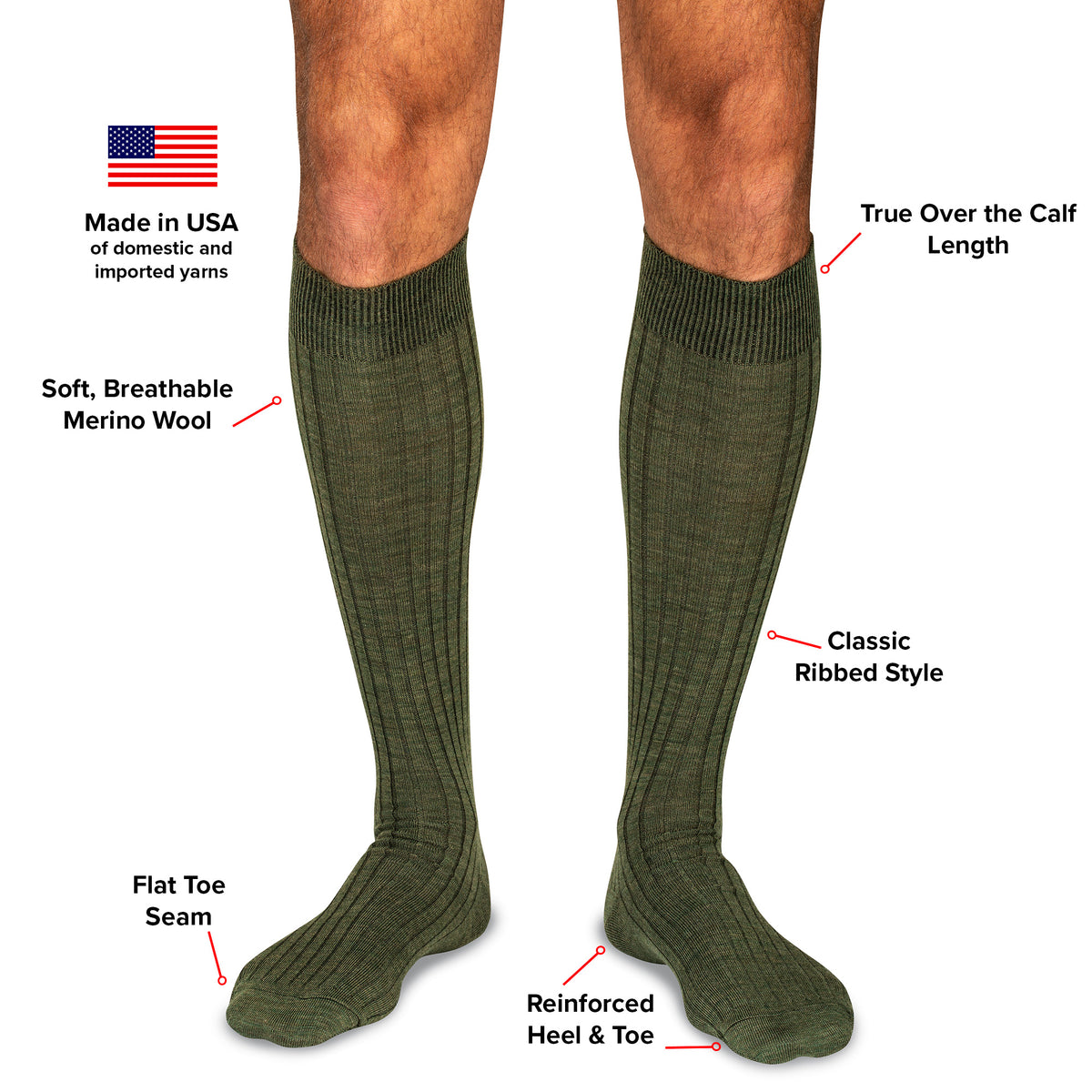 infographic detailing features and benefits of olive green merino wool over the calf dress socks from Boardroom Socks