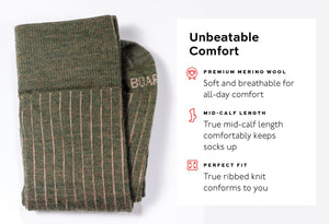 infographic detailing comfort of olive and tan shadow stripe socks from Boardroom Socks