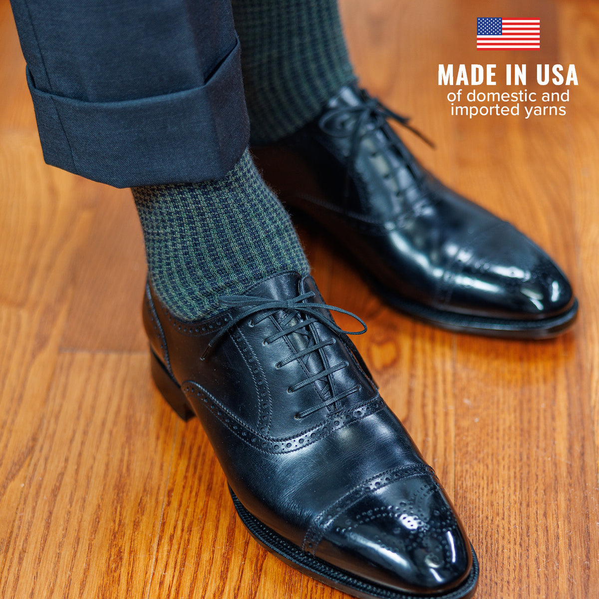 olive and navy houndstooth dress socks with grey slacks and black oxfords