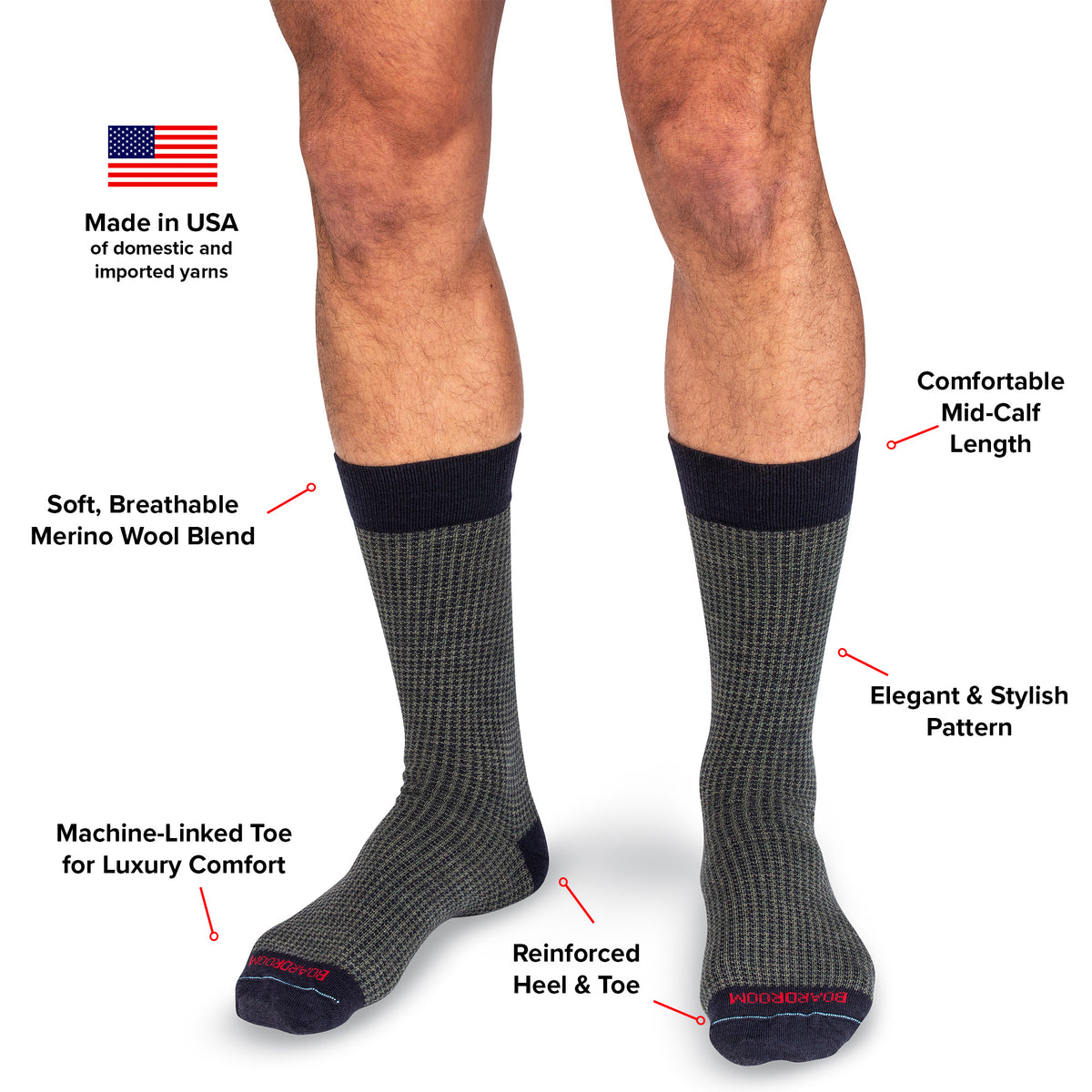 infographic detailing features and benefits of olive and navy houndstooth dress socks