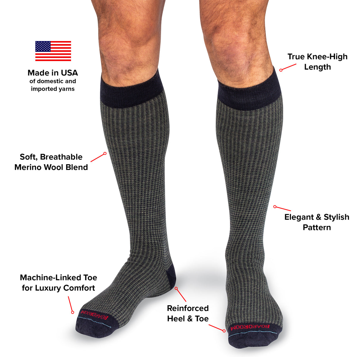 infographic detailing features and benefits of olive and navy houndstooth dress socks from Boardroom Socks