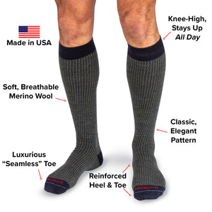 infographic detailing the features and benefits of olive and navy over the calf houndstooth dress socks