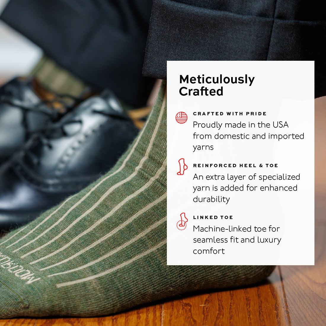 infographic detailing features and benefits of olive shadow stripe dress socks from Boardroom Socks
