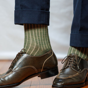 olive merino wool shadow stripe over the calf dress socks worn with navy slacks and dark brown Norwegian split toe dress shoes