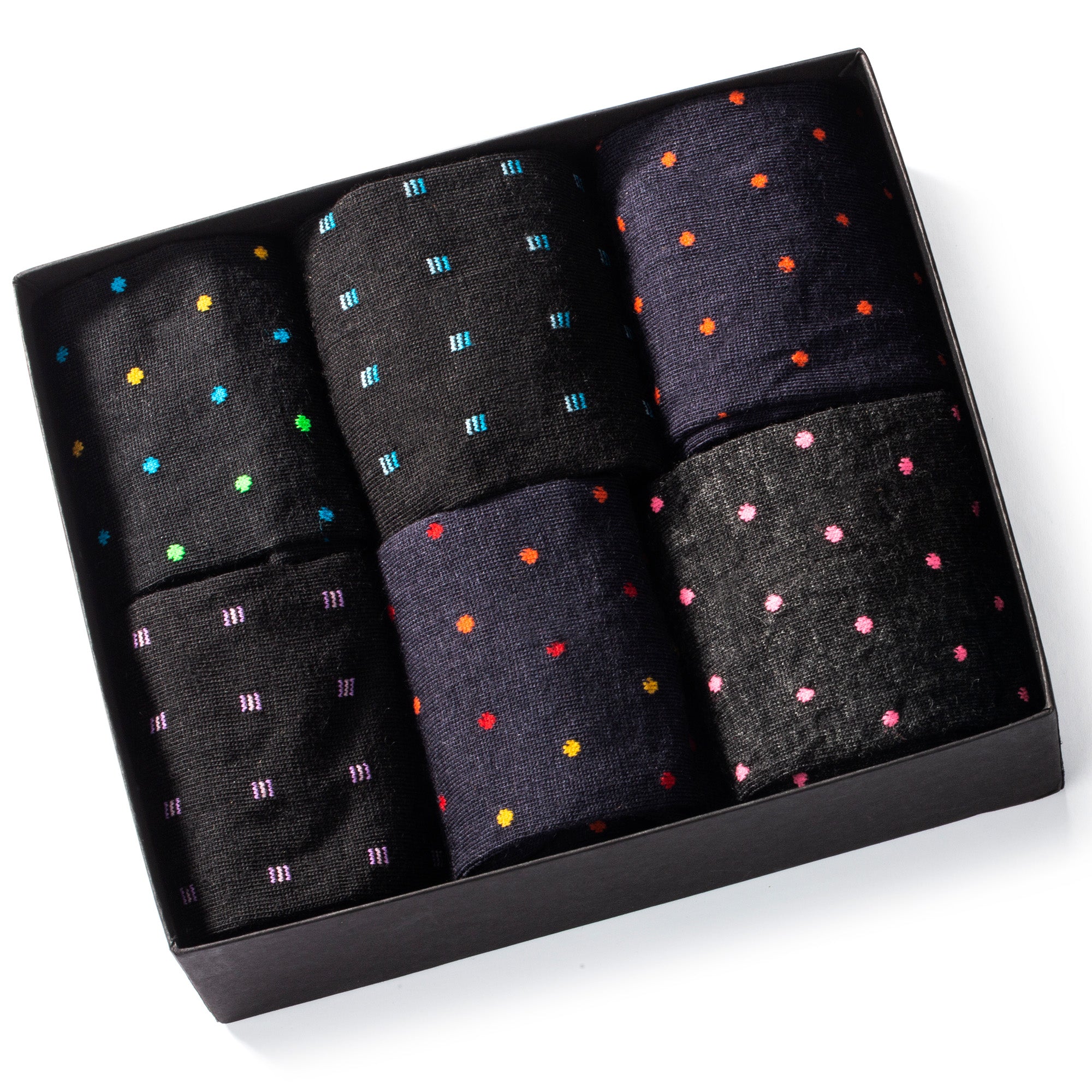 six pairs of colorful wool dress socks inside black gift box