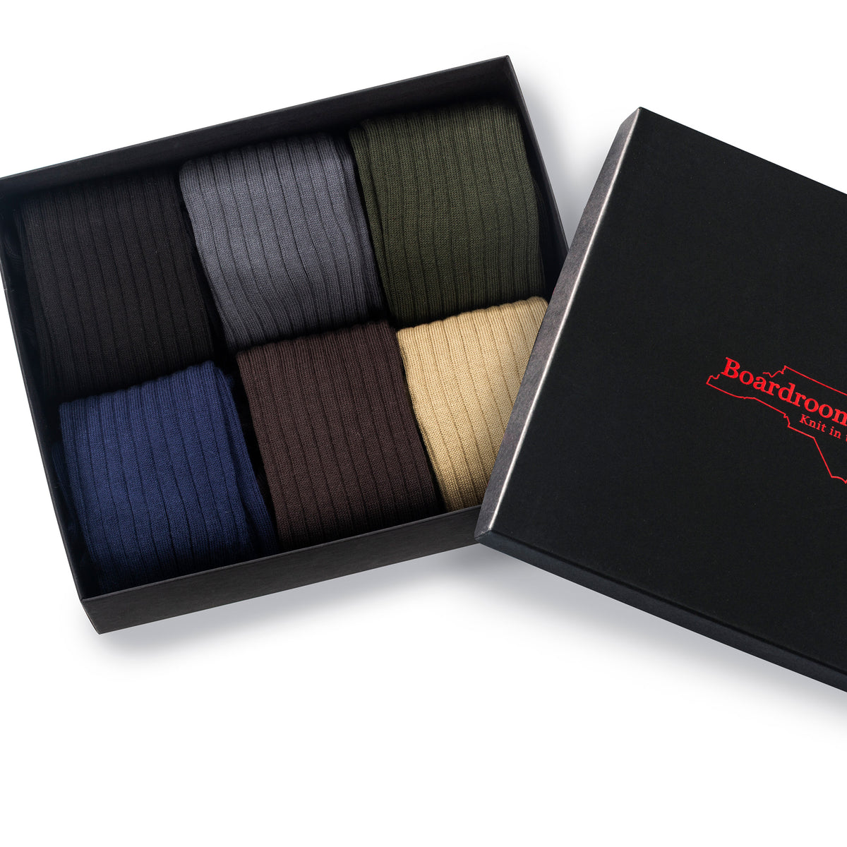 opened Boardroom Socks gift box showing six pairs of cotton mid-calf dress socks
