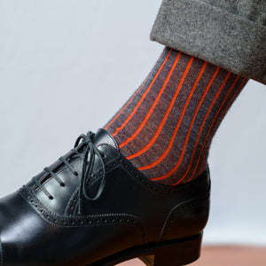 grey and orange shadow stripe dress socks with grey slacks and black oxfords