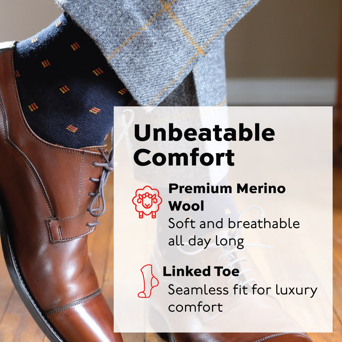 close up image of Orange Square Knots on Navy Merino Wool Over the Calf Dress Socks with infographic overlay