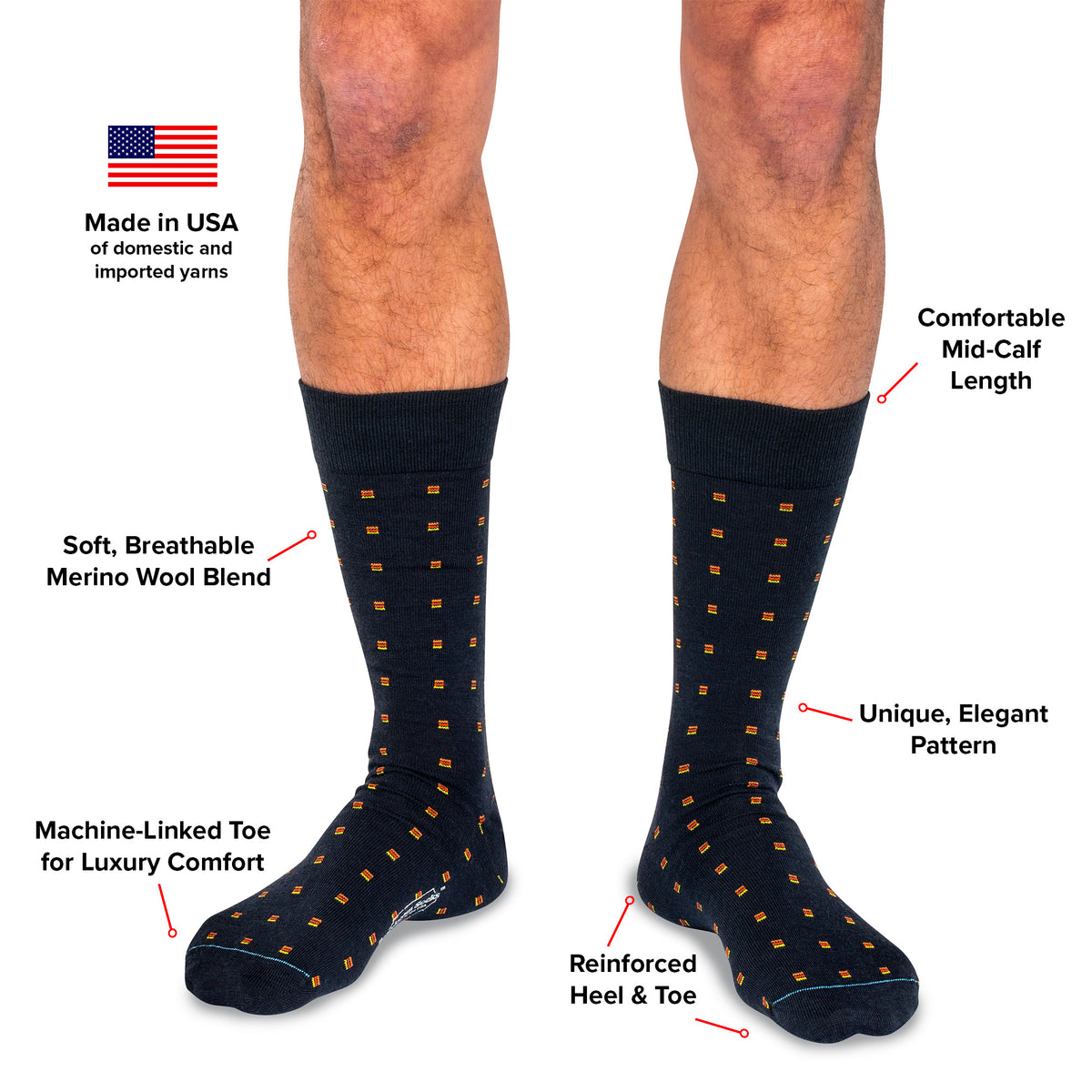 infographic detailing features and benefits of orange square knots on navy merino wool mid-calf dress socks