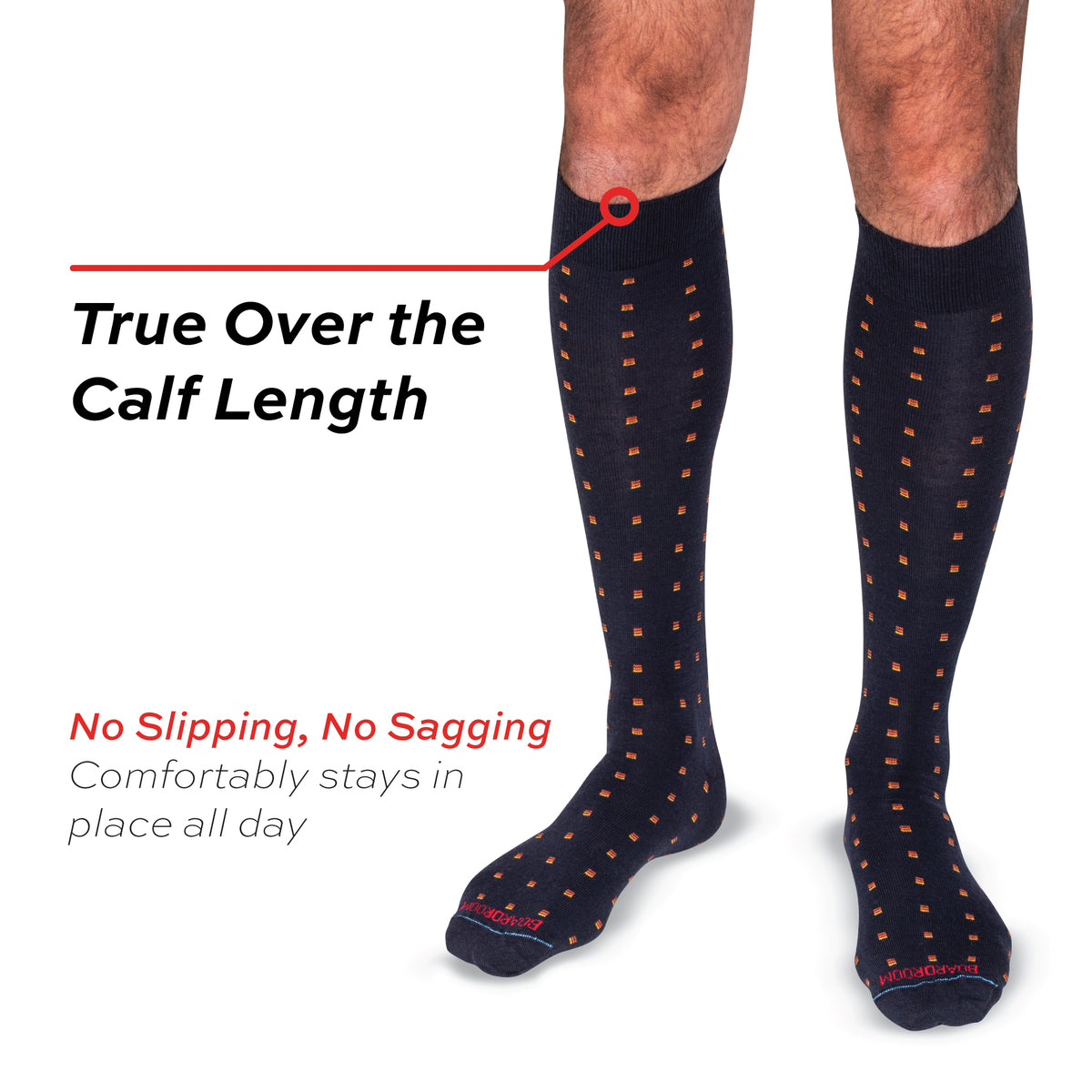model wearing Orange Square Knots on Navy Merino Wool Over the Calf Dress Socks with text overlay