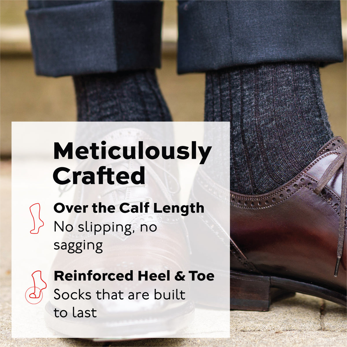 man standing wearing brown oxfords and grey over the calf merino wool ribbed dress socks