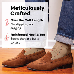 man standing on hardwood floors wearing over the calf length cotton dress socks with meticulously crafted infographic overlay