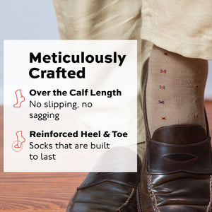 man wearing brown loafers and khaki over the calf geometric pattern dress socks with a meticulously crafted infographic overlay