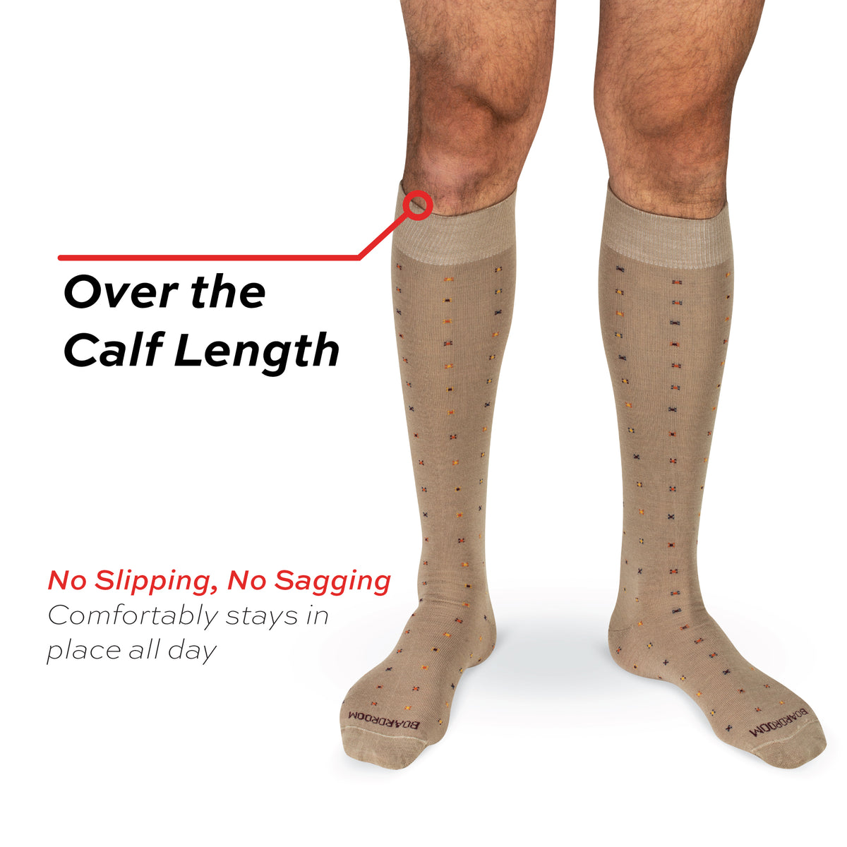 over the calf text overlaid on a model wearing Khaki Geometric Merino Wool Over the Calf Dress Socks