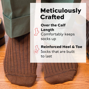 man standing on hardwood floors wearing Light Brown Merino Wool Over the Calf Dress Socks with infographic overlay