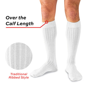 model wearing over the calf white cotton dress socks on a white background with a 
