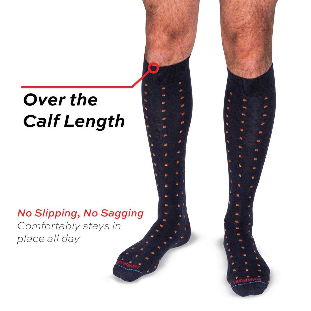 model wearing navy patterned dress socks with over the calf call out text overlay