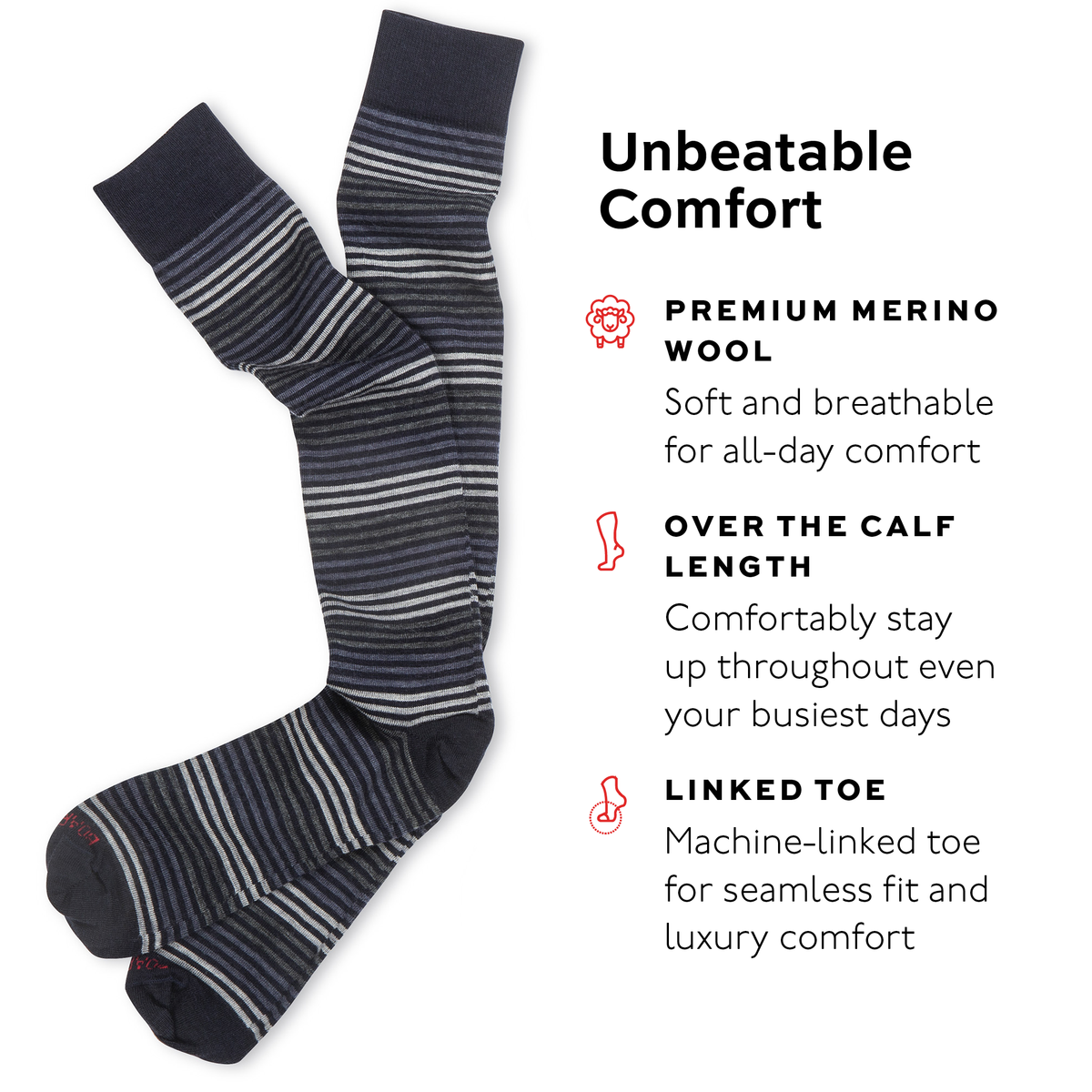 striped knee-high dress socks with text highlighting comfort features on a white background