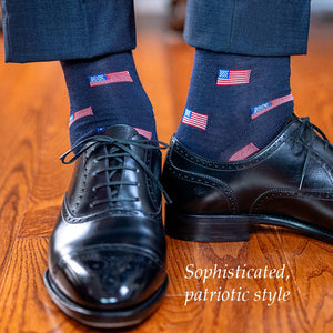patriotic men's dress socks with black oxfords and navy suit