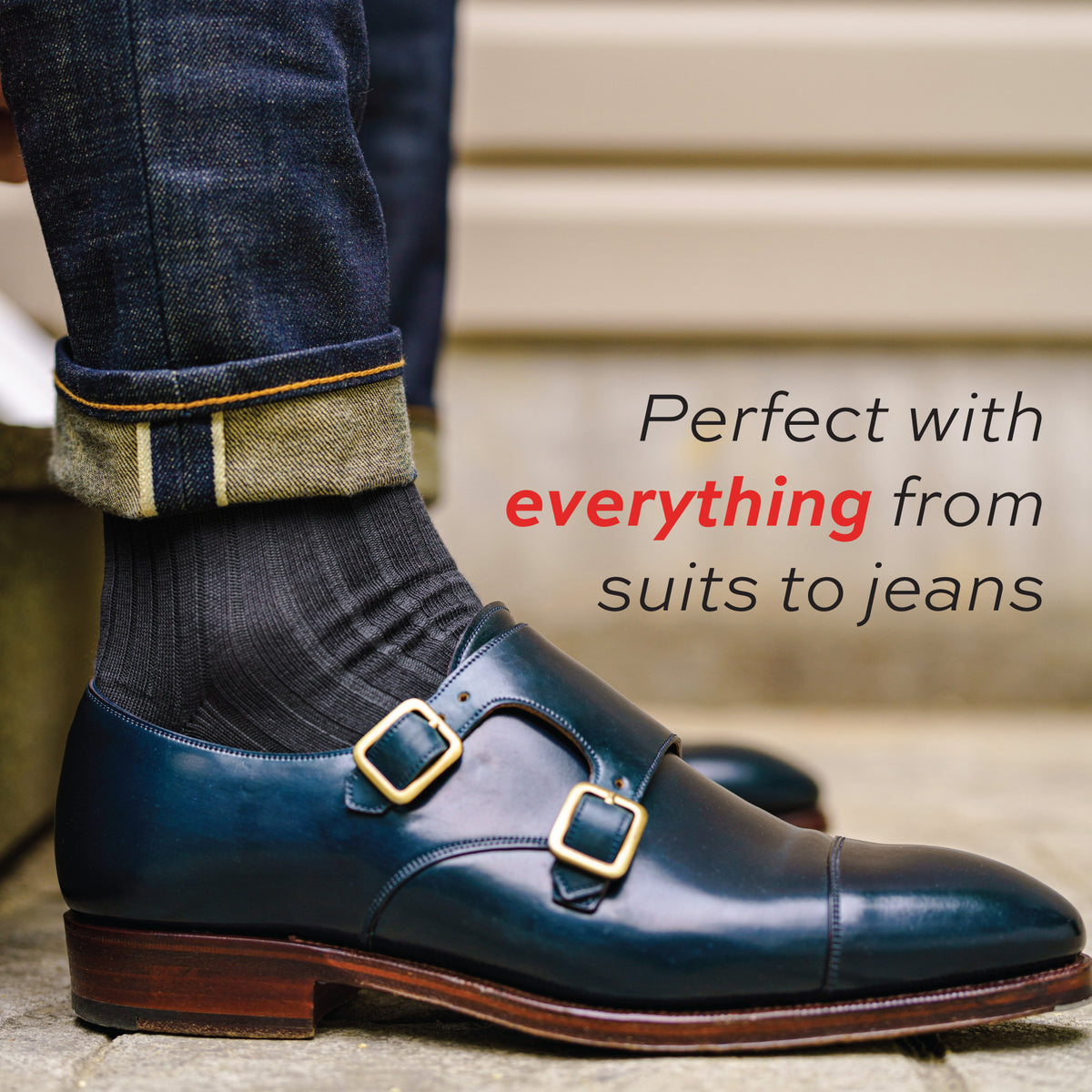 man standing outside wearing jeans and Grey Cotton Mid Calf Dress Socks