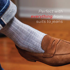 light grey heather merino wool dress socks with prefect with everything text overlay